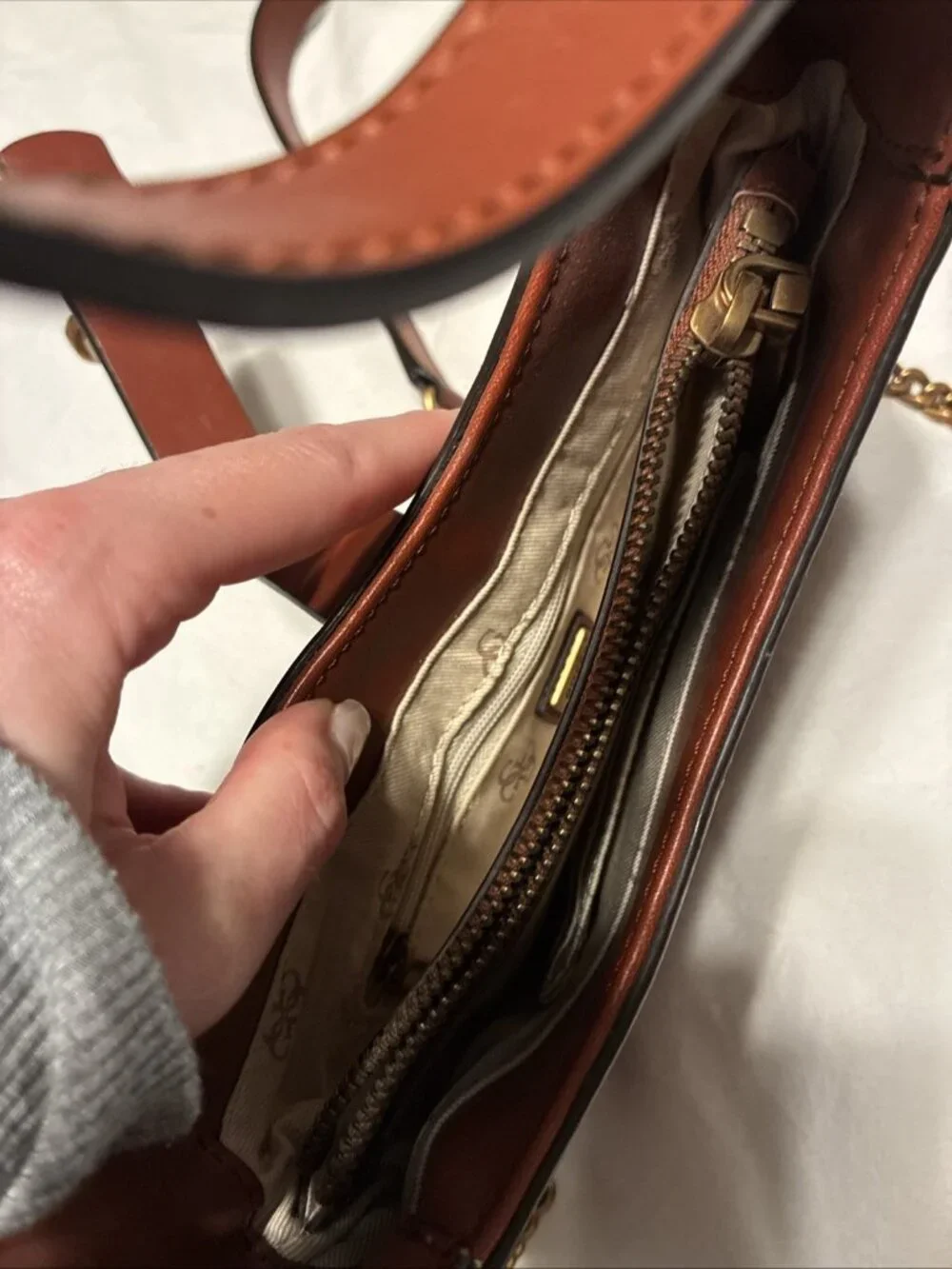 GUESS Brown Faux Vegan Leather Saddle Shoulder Crossbody Bag Gold Chain G Lock